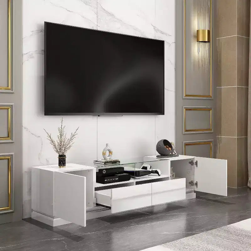 Meuble TV Famapy blanc à 2 tiroirs avec lumières LED, table console