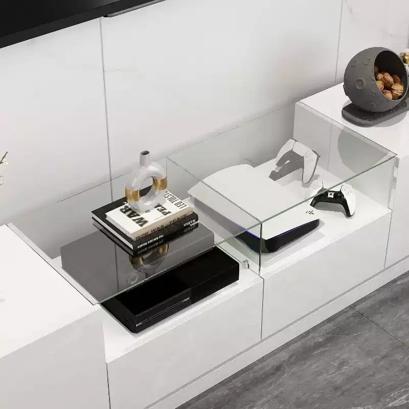 Meuble TV Famapy blanc à 2 tiroirs avec lumières LED, table console