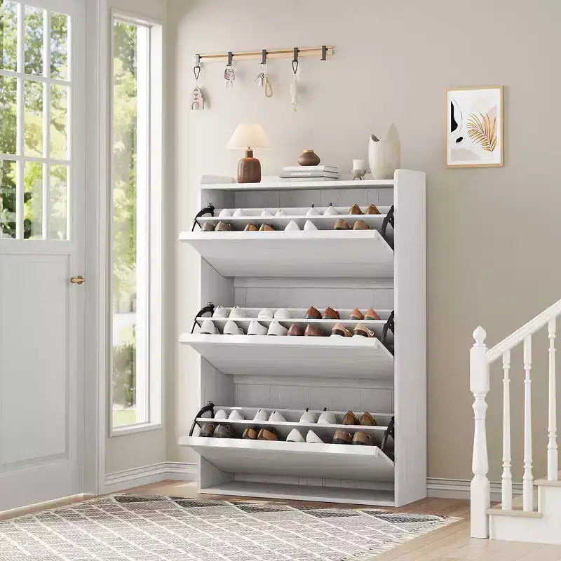 Meuble à chaussures avec 3 tiroirs basculants, rangement à chaussures pour entrée, armoire à chaussures en bois, meuble à chaussures dissimulé pour couloir, salon, blanc rustique
