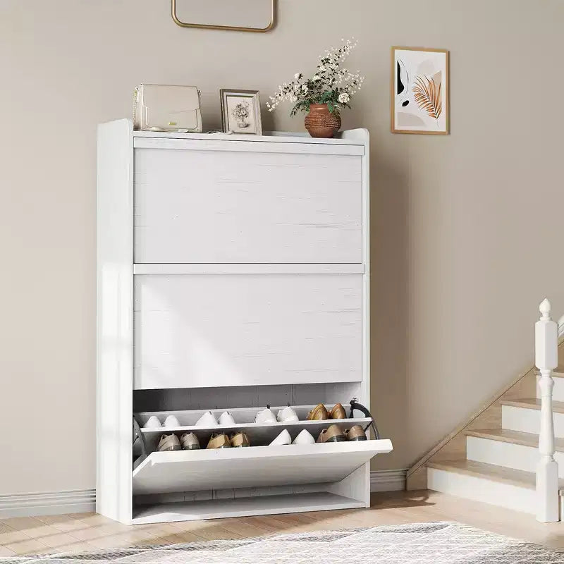 Meuble à chaussures avec 3 tiroirs basculants, rangement à chaussures pour entrée, armoire à chaussures en bois, meuble à chaussures dissimulé pour couloir, salon, blanc rustique