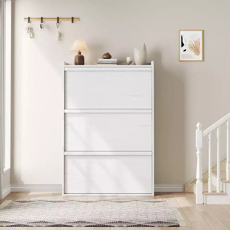 Meuble à chaussures avec 3 tiroirs basculants, rangement à chaussures pour entrée, armoire à chaussures en bois, meuble à chaussures dissimulé pour couloir, salon, blanc rustique