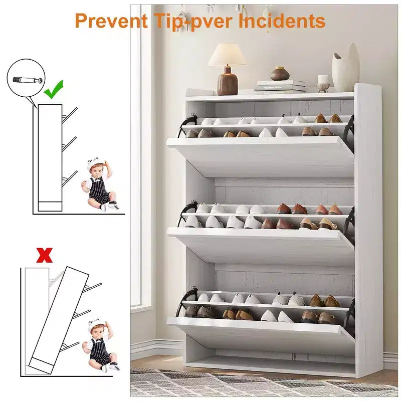 Meuble à chaussures avec 3 tiroirs basculants, rangement à chaussures pour entrée, armoire à chaussures en bois, meuble à chaussures dissimulé pour couloir, salon, blanc rustique