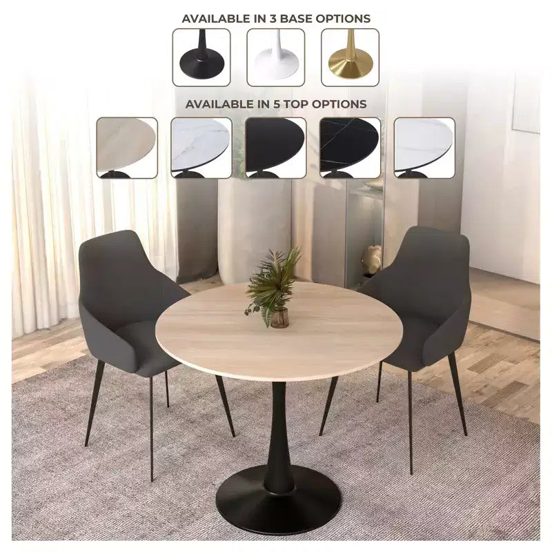 Table à manger ronde LeisureMod Bristol 31" avec plateau en pierre frittée, piédestal en acier noir, table d'appoint pour cuisine et petits espaces