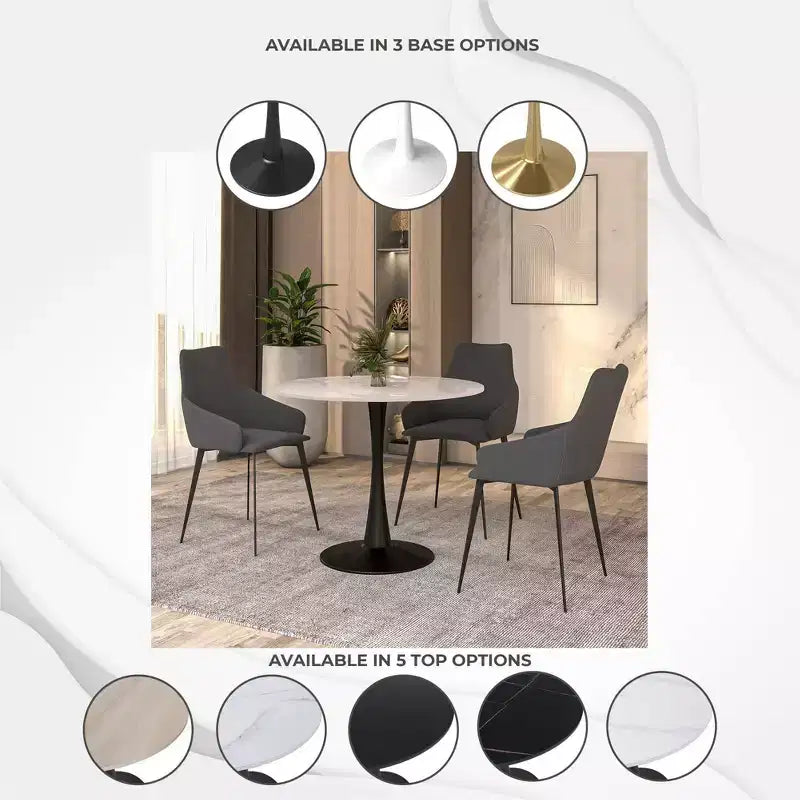 Table à manger ronde LeisureMod Bristol 31" avec plateau en pierre frittée, piédestal en acier noir, table d'appoint pour cuisine et petits espaces