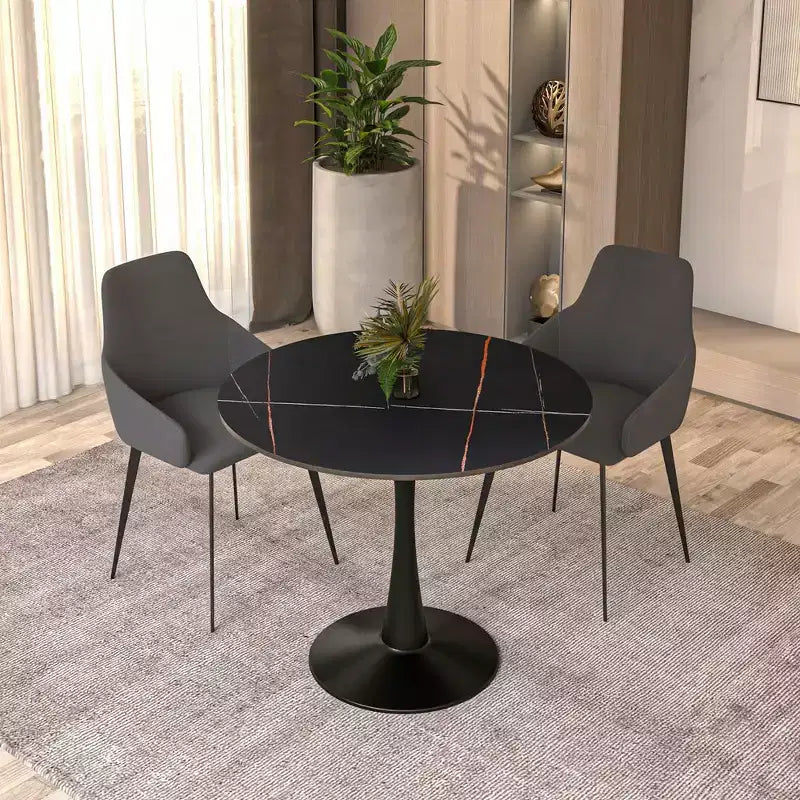 Table à manger ronde LeisureMod Bristol 31" avec plateau en pierre frittée, piédestal en acier noir, table d'appoint pour cuisine et petits espaces