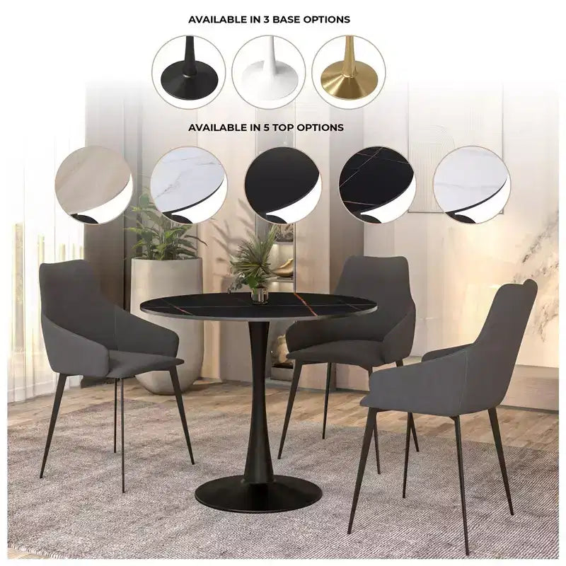 Table à manger ronde LeisureMod Bristol 31" avec plateau en pierre frittée, piédestal en acier noir, table d'appoint pour cuisine et petits espaces