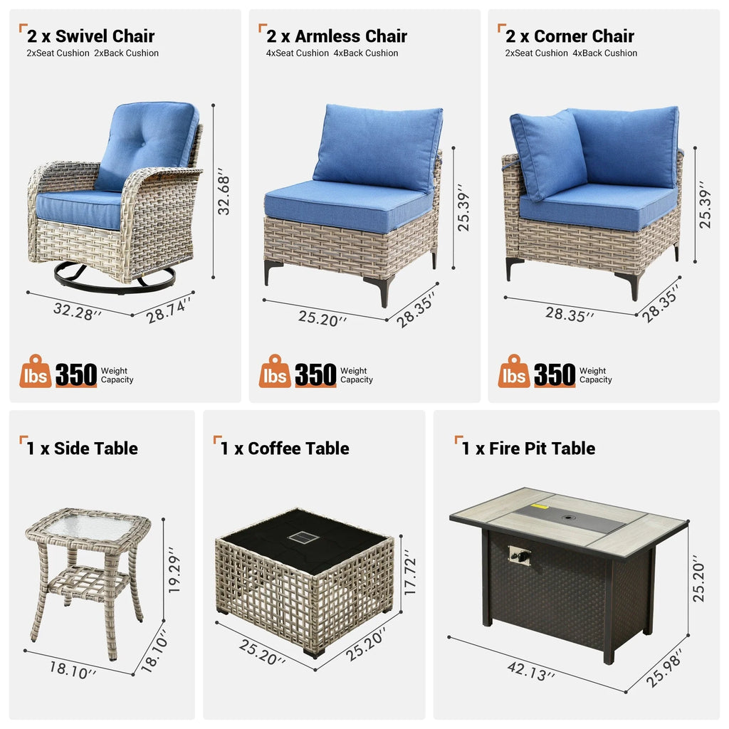 Ensemble de 9 chaises pivotantes en osier OVIOS pour l'extérieur avec table brasero