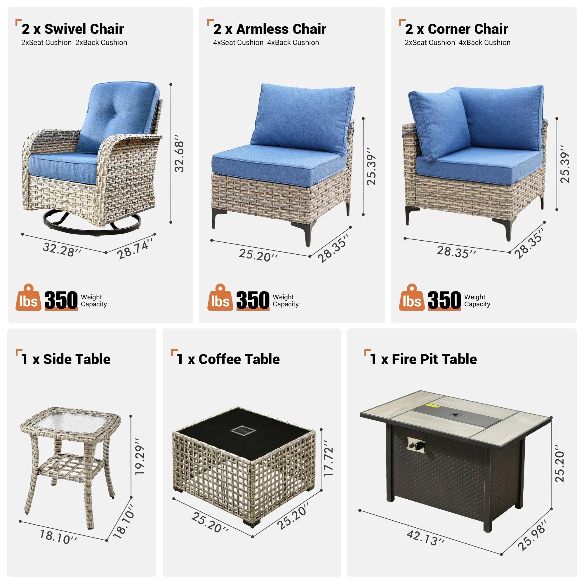 Ensemble de 9 chaises pivotantes en osier OVIOS pour l'extérieur avec table brasero