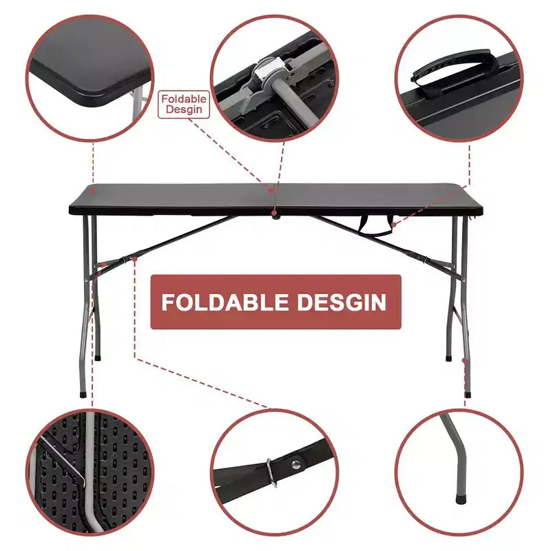 Table pliante portable de 1,5 m en plastique HDPE, pour intérieur et extérieur, se plie en deux, noire, 6 places, avec poignée de transport