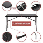 Table pliante portable de 1,5 m en plastique HDPE, pour intérieur et extérieur, se plie en deux, noire, 6 places, avec poignée de transport