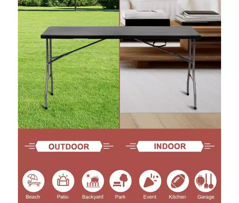 Table pliante portable de 1,5 m en plastique HDPE, pour intérieur et extérieur, se plie en deux, noire, 6 places, avec poignée de transport