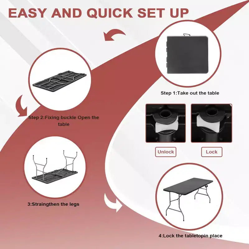 Table pliante portable de 1,5 m en plastique HDPE, pour intérieur et extérieur, se plie en deux, noire, 6 places, avec poignée de transport