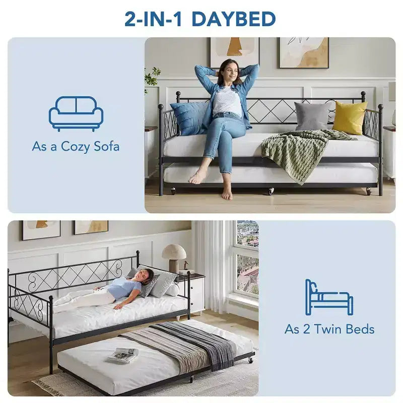 Lit de repos double en métal Whizmax avec lit gigogne, lit gigogne peu encombrant pour salon, chambre à coucher et chambre d'amis