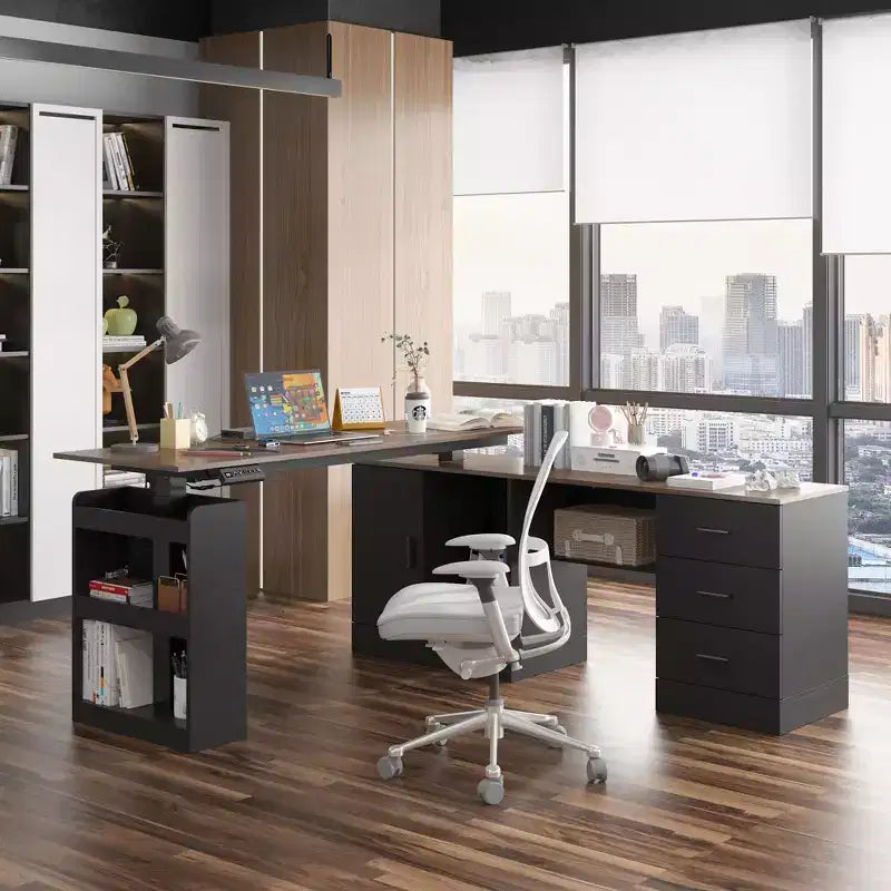 Famapy Hauteur - Bureau d'ordinateur réglable Bureau d'ordinateur Bureau debout: Bureau spacieux en forme de L, Armoires de rangement