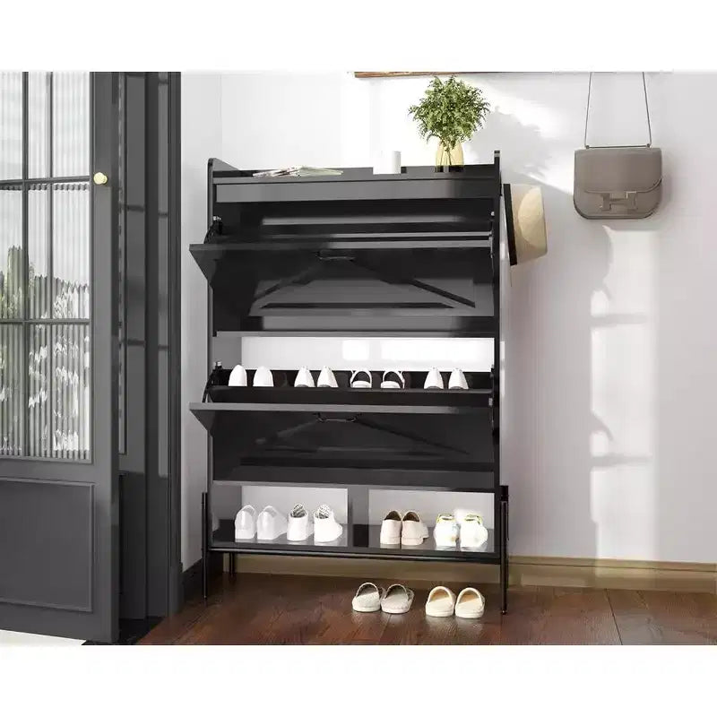 Meuble à chaussures Garvee, 2 tiroirs à abattant et tiroir supérieur, meuble à chaussures pour entrée, meuble à chaussures autoportant avec pieds en métal, Noir