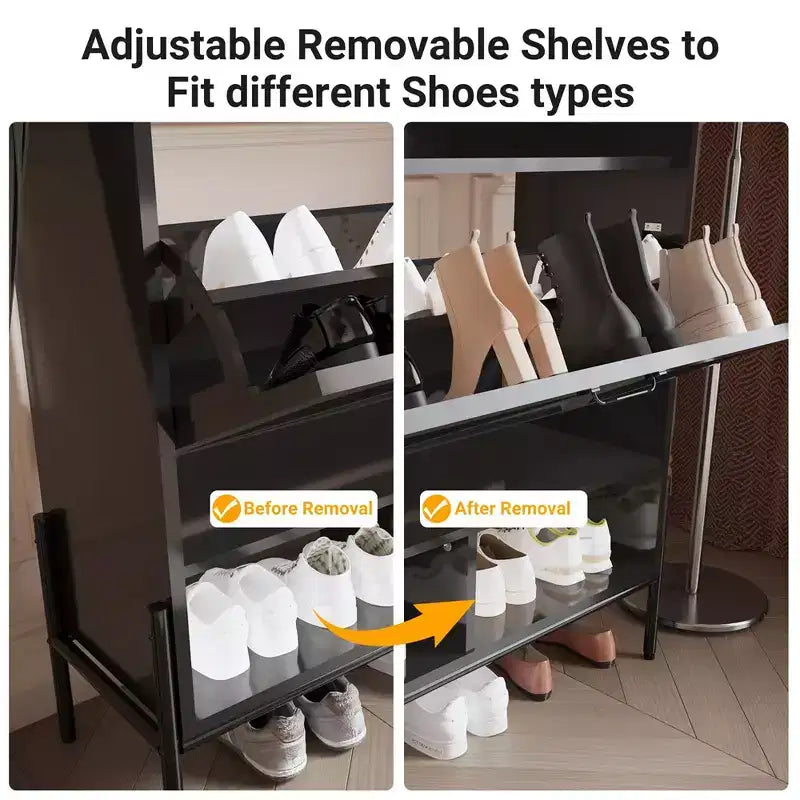 Meuble à chaussures Garvee, 2 tiroirs à abattant et tiroir supérieur, meuble à chaussures pour entrée, meuble à chaussures autoportant avec pieds en métal, Noir