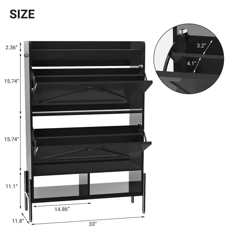 Meuble à chaussures Garvee, 2 tiroirs à abattant et tiroir supérieur, meuble à chaussures pour entrée, meuble à chaussures autoportant avec pieds en métal, Noir