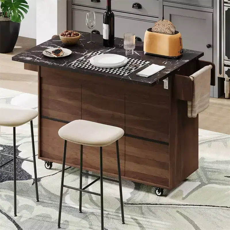 Îlot de cuisine avec meuble de rangement pour poubelle, Chariot de cuisine roulant avec abattant, Îlot de cuisine mobile sur roulettes pour salle à manger et cuisine