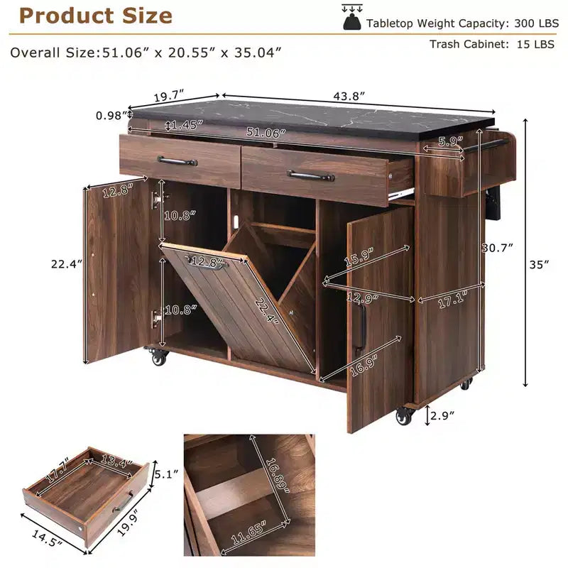 Îlot de cuisine avec meuble de rangement pour poubelle, Chariot de cuisine roulant avec abattant, Îlot de cuisine mobile sur roulettes pour salle à manger et cuisine