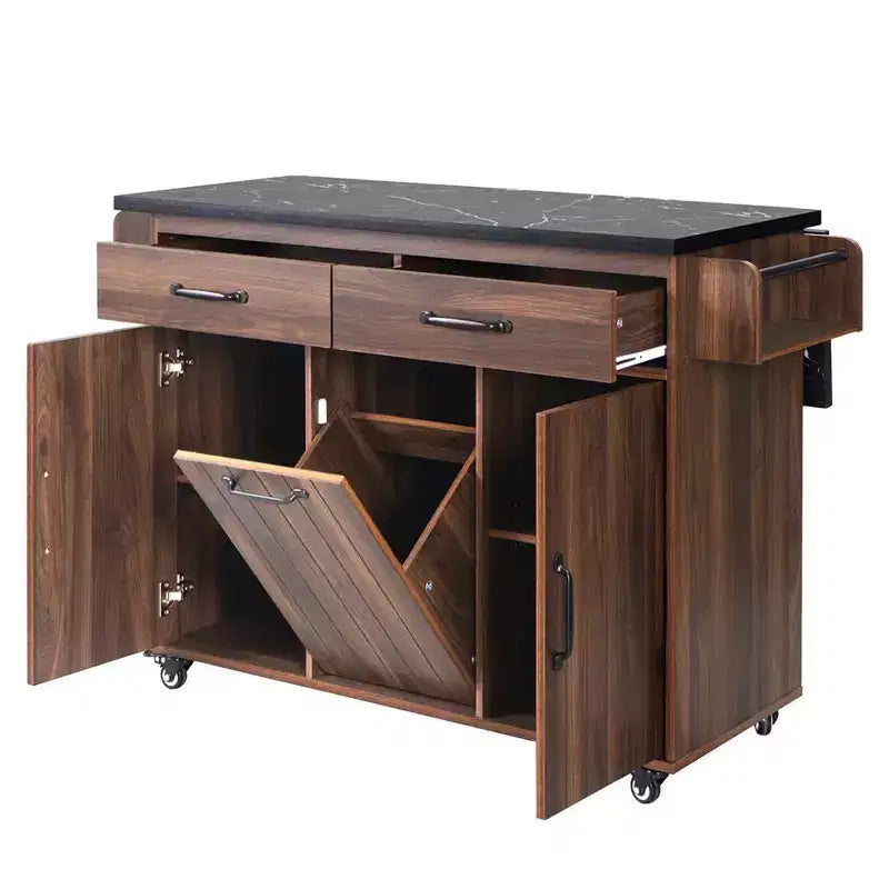 Îlot de cuisine avec meuble de rangement pour poubelle, Chariot de cuisine roulant avec abattant, Îlot de cuisine mobile sur roulettes pour salle à manger et cuisine