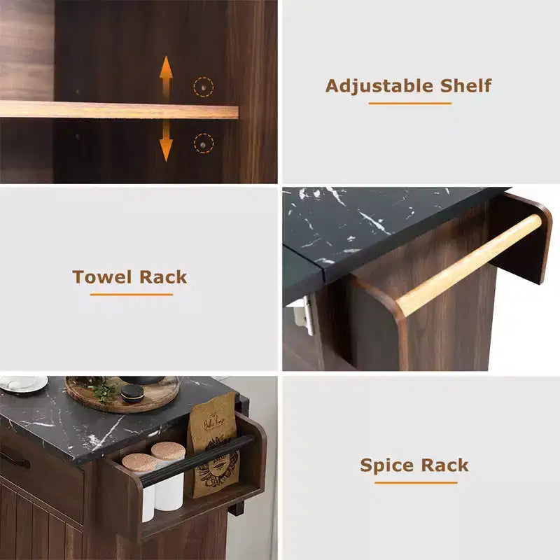 Îlot de cuisine avec meuble de rangement pour poubelle, Chariot de cuisine roulant avec abattant, Îlot de cuisine mobile sur roulettes pour salle à manger et cuisine