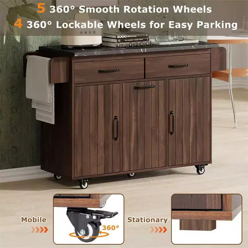 Îlot de cuisine avec meuble de rangement pour poubelle, Chariot de cuisine roulant avec abattant, Îlot de cuisine mobile sur roulettes pour salle à manger et cuisine