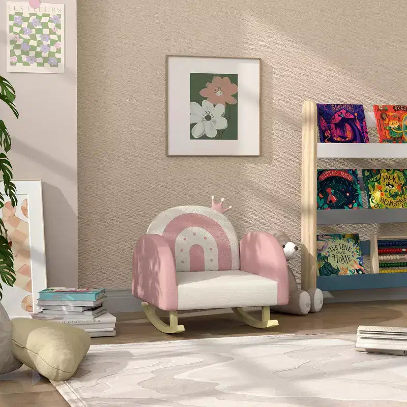 Fauteuil à bascule pour enfants Qaba, fauteuil pour tout-petits Princesse Couronne, fauteuil à bascule pour enfants avec dossier Arc-en-ciel pour chambre à coucher, salle de jeux, rose