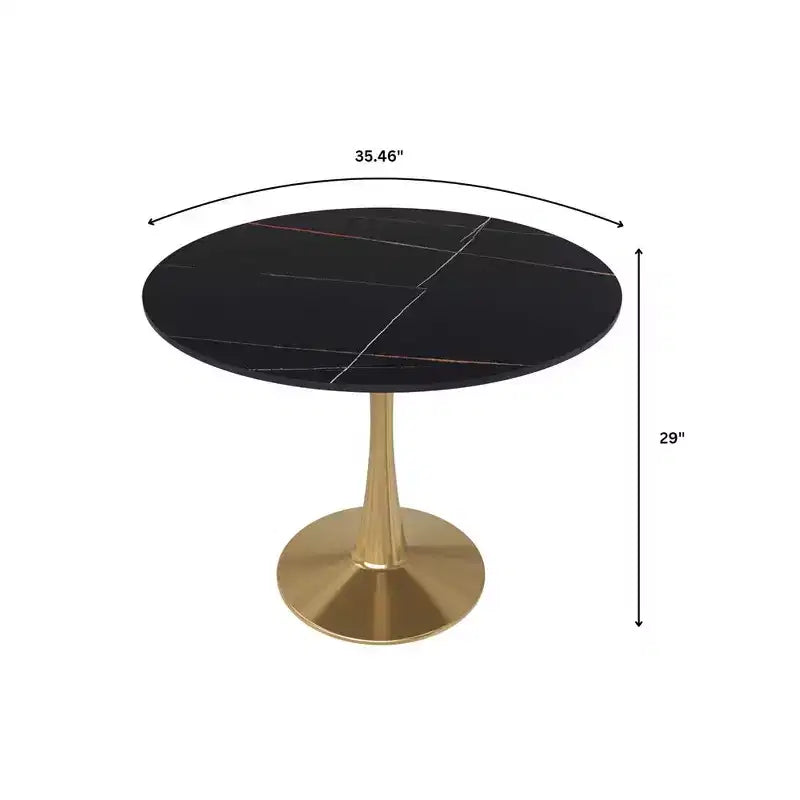 LeisureMod Bristol Table à manger ronde 35" – Plateau en pierre frittée et base robuste en acier doré pour cuisine et petits espaces