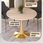 LeisureMod Bristol Table à manger ronde 35" – Plateau en pierre frittée et base robuste en acier doré pour cuisine et petits espaces