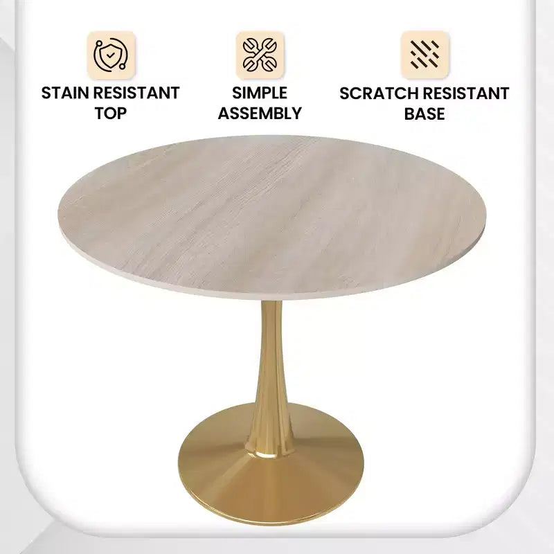 LeisureMod Bristol Table à manger ronde 35" – Plateau en pierre frittée et base robuste en acier doré pour cuisine et petits espaces