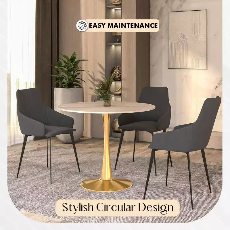 LeisureMod Bristol Table à manger ronde 35" – Plateau en pierre frittée et base robuste en acier doré pour cuisine et petits espaces