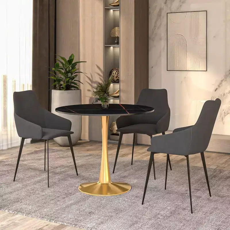 LeisureMod Bristol Table à manger ronde 35" – Plateau en pierre frittée et base robuste en acier doré pour cuisine et petits espaces