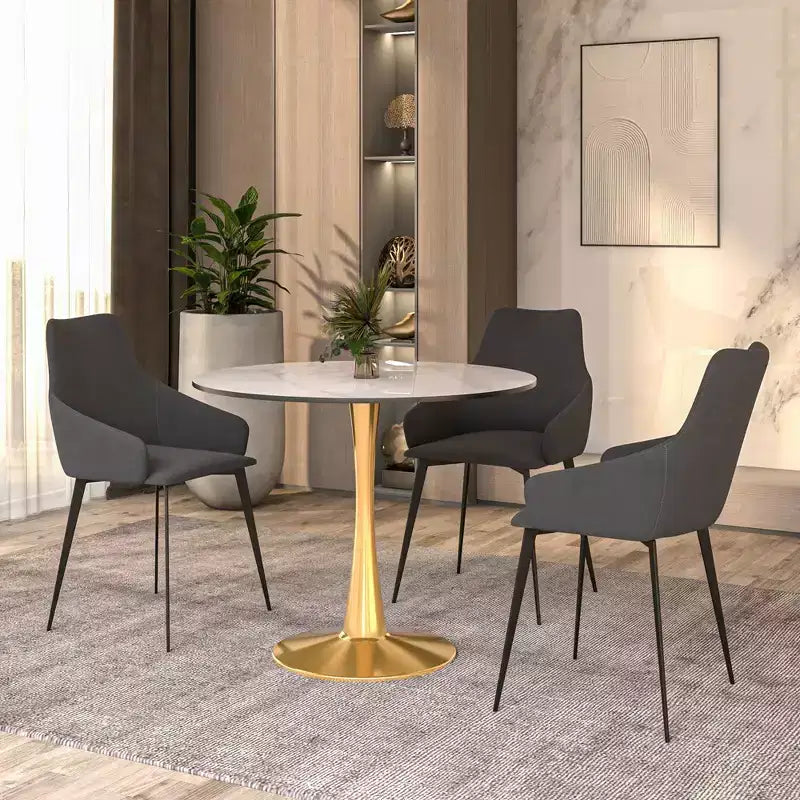 LeisureMod Bristol Table à manger ronde 35" – Plateau en pierre frittée et base robuste en acier doré pour cuisine et petits espaces