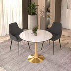 LeisureMod Bristol Table à manger ronde 35" – Plateau en pierre frittée et base robuste en acier doré pour cuisine et petits espaces