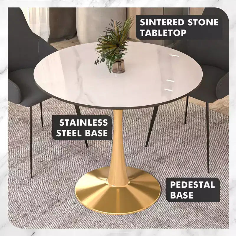 LeisureMod Bristol Table à manger ronde 35" – Plateau en pierre frittée et base robuste en acier doré pour cuisine et petits espaces