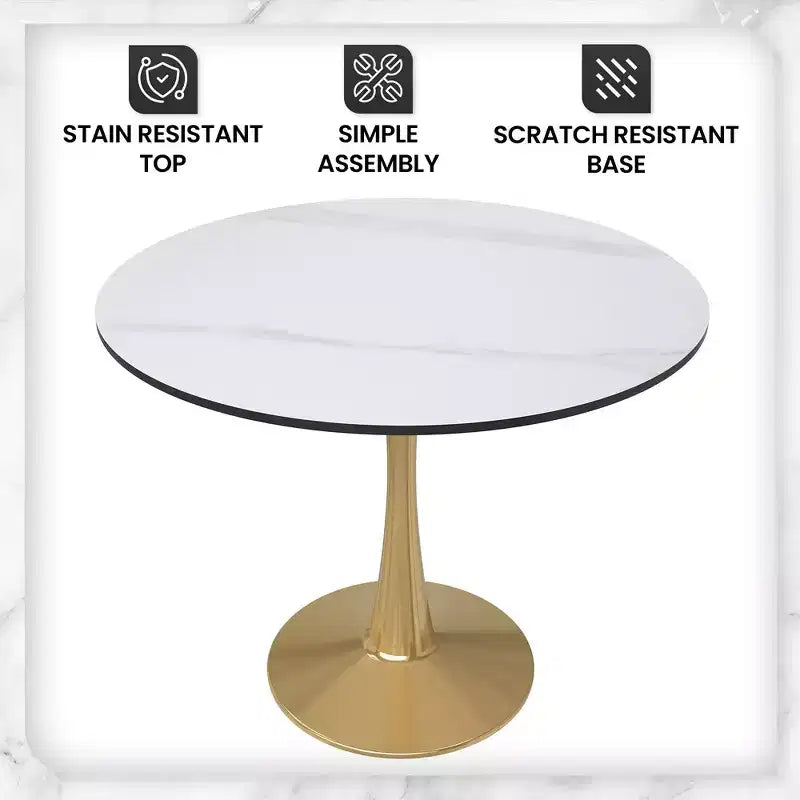 LeisureMod Bristol Table à manger ronde 35" – Plateau en pierre frittée et base robuste en acier doré pour cuisine et petits espaces