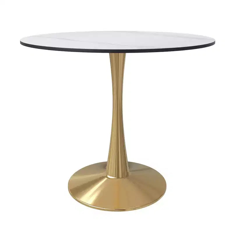 LeisureMod Bristol Table à manger ronde 35" – Plateau en pierre frittée et base robuste en acier doré pour cuisine et petits espaces