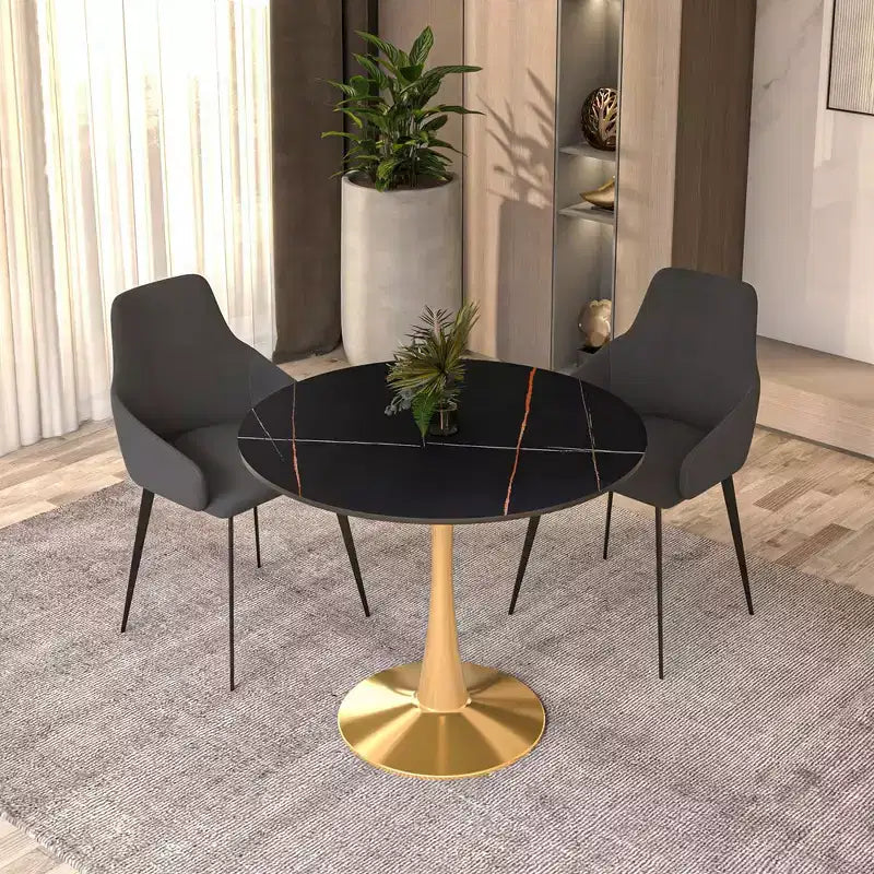 LeisureMod Bristol Table à manger ronde 35" – Plateau en pierre frittée et base robuste en acier doré pour cuisine et petits espaces