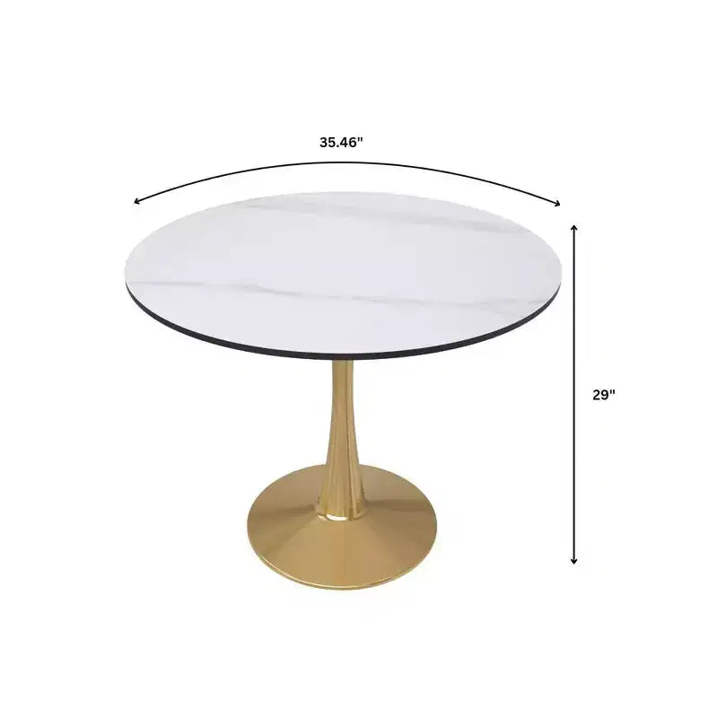 LeisureMod Bristol Table à manger ronde 35" – Plateau en pierre frittée et base robuste en acier doré pour cuisine et petits espaces