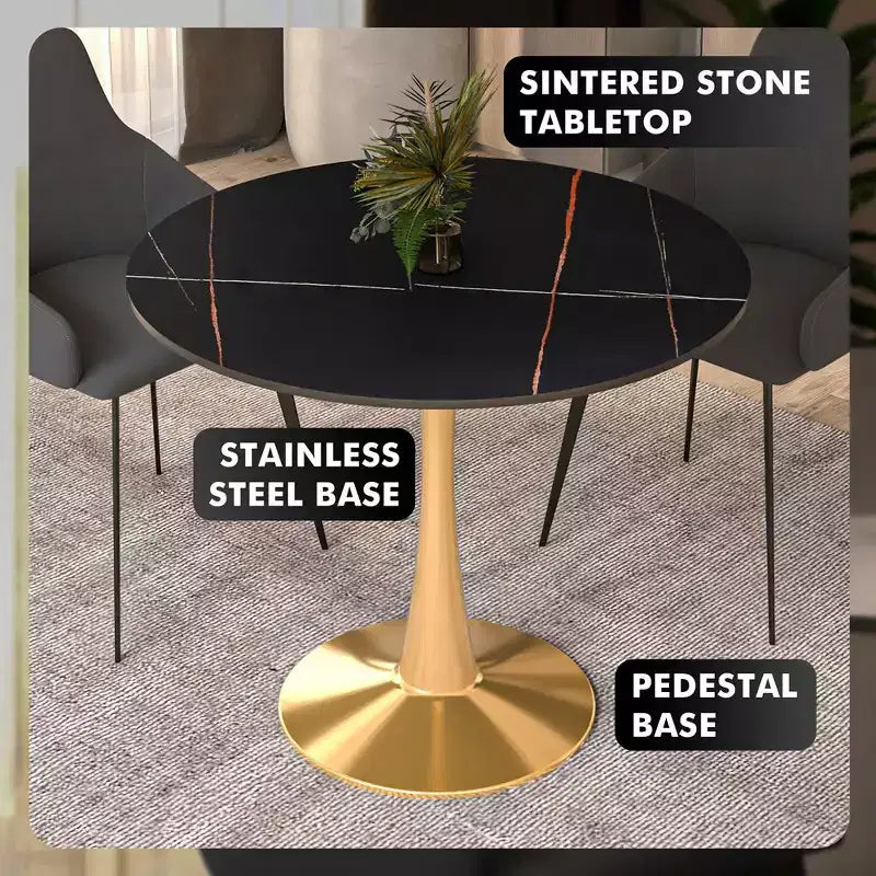 LeisureMod Bristol Table à manger ronde 35" – Plateau en pierre frittée et base robuste en acier doré pour cuisine et petits espaces