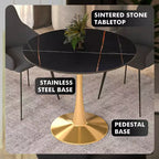 LeisureMod Bristol Table à manger ronde 35" – Plateau en pierre frittée et base robuste en acier doré pour cuisine et petits espaces