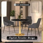 LeisureMod Bristol Table à manger ronde 35" – Plateau en pierre frittée et base robuste en acier doré pour cuisine et petits espaces
