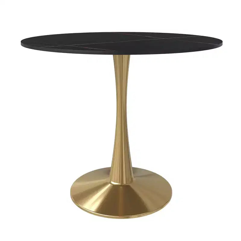 LeisureMod Bristol Table à manger ronde 35" – Plateau en pierre frittée et base robuste en acier doré pour cuisine et petits espaces