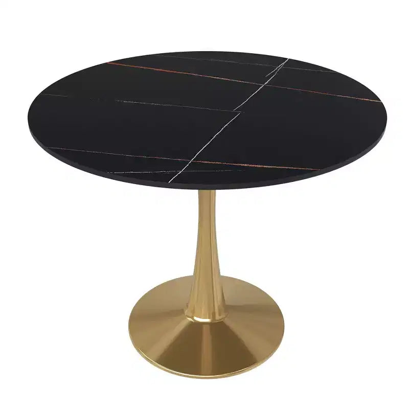 LeisureMod Bristol 35 Round Dining Table  Sintered Stone Top Accent Caf Table & Sturdy Steel Gold Pedestal Base for Kitchen and Small Spaces