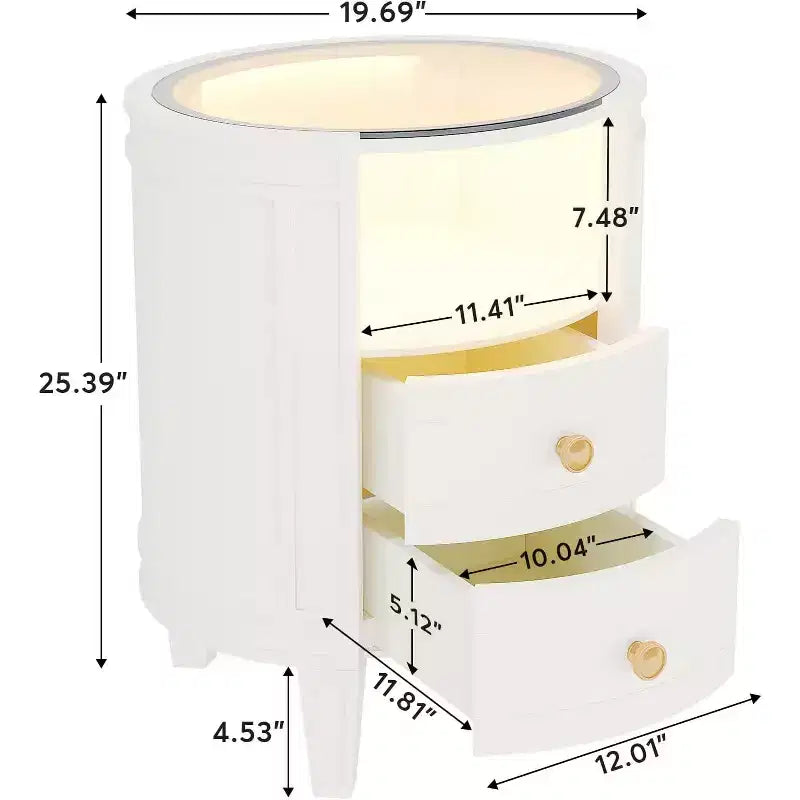 Table de chevet moderne ovale Lantine à LED avec 2 tiroirs, aucun assemblage requis