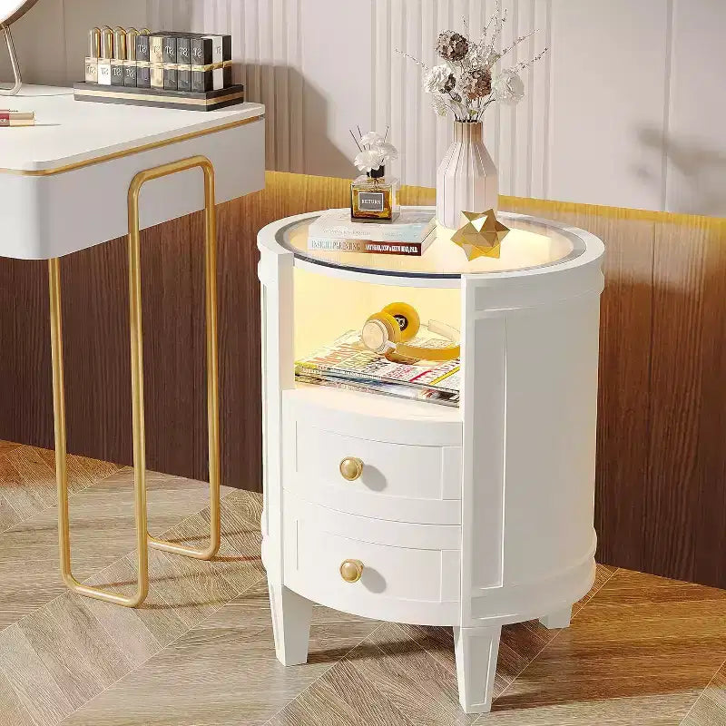 Table de chevet moderne ovale Lantine à LED avec 2 tiroirs, aucun assemblage requis