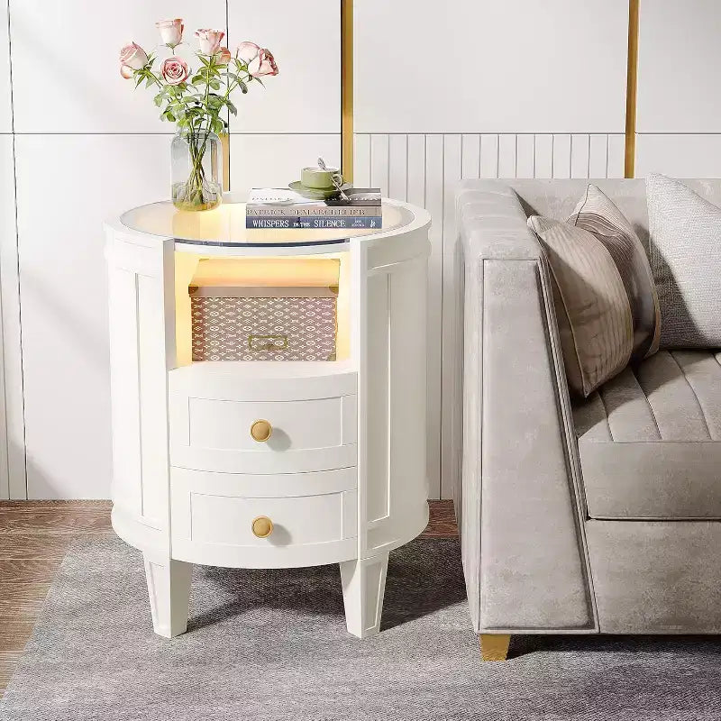 Table de chevet moderne ovale Lantine à LED avec 2 tiroirs, aucun assemblage requis