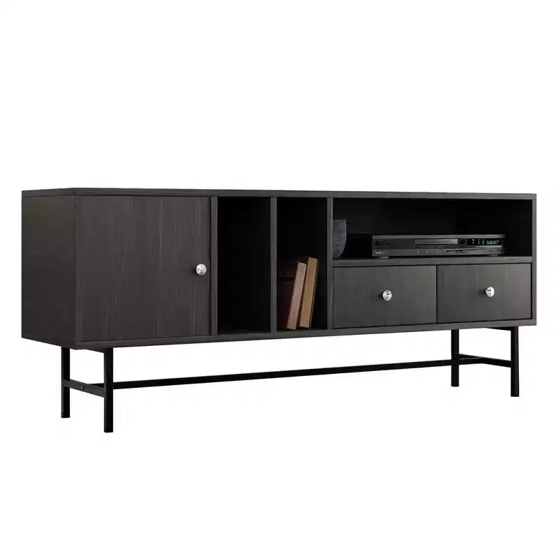 Meuble TV Rochester LeisureMod avec cadre en bois, rangement fermé et pieds en fer noir - Console média, salon, centre de divertissement moderne