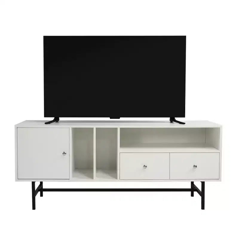 Meuble TV Rochester LeisureMod avec cadre en bois, rangement fermé et pieds en fer noir - Console média, salon, centre de divertissement moderne