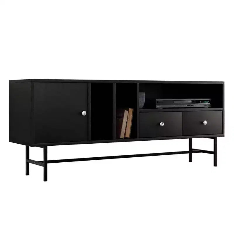 Meuble TV Rochester LeisureMod avec cadre en bois, rangement fermé et pieds en fer noir - Console média, salon, centre de divertissement moderne